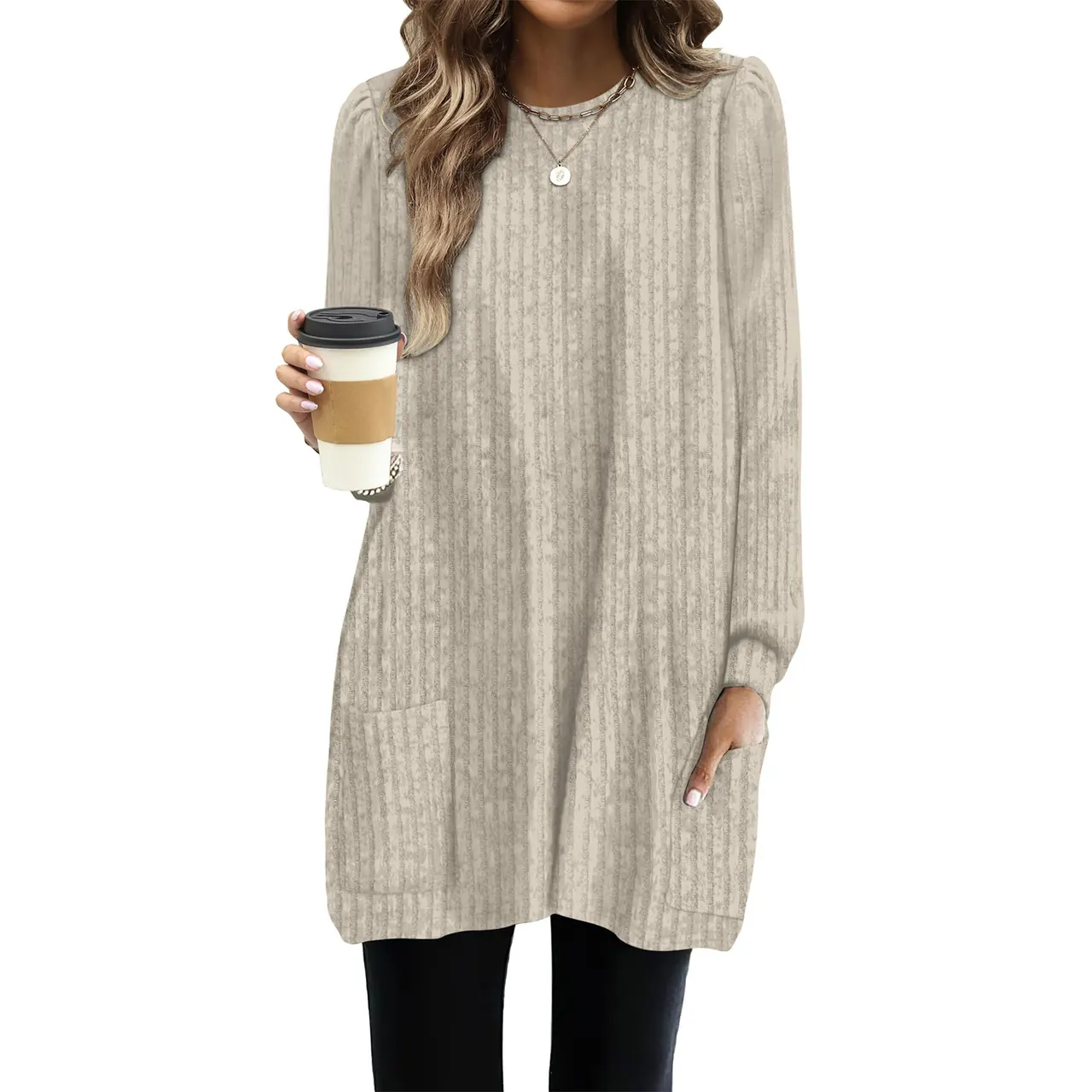 Pocket Lengthened Loose Casual Bubble Long-sleeved Shirt - Apricot