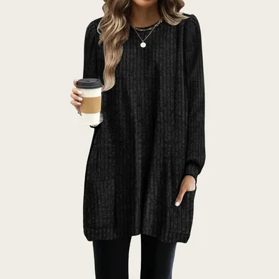 Pocket Lengthened Loose Casual Bubble Long sleeved Shirt Black - Shop at LoveMi