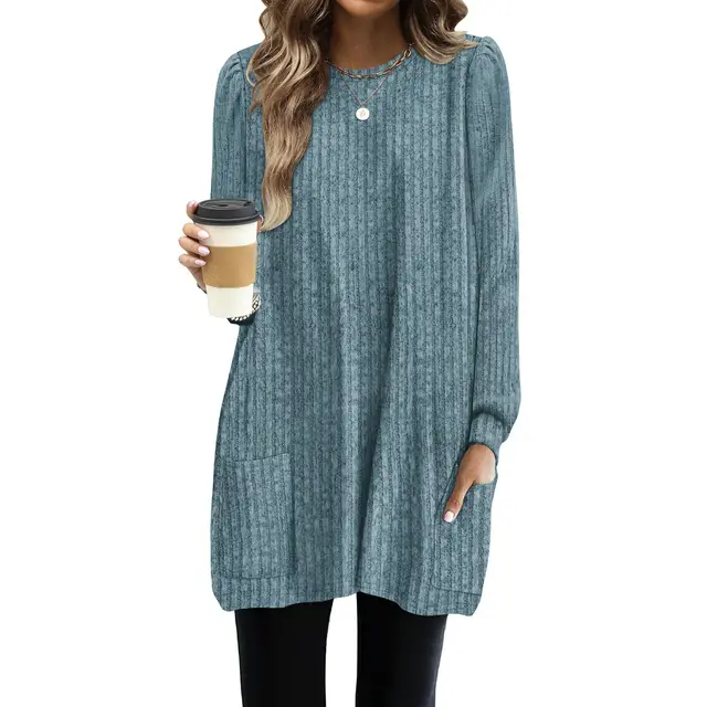Pocket Lengthened Loose Casual Bubble Long sleeved Shirt Sky Blue - Shop at LoveMi