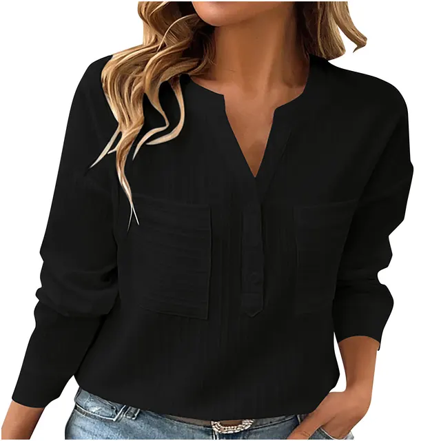 Women's Shirt V neck Temperament Leisure Solid Color Pullover Black - Shop at LoveMi