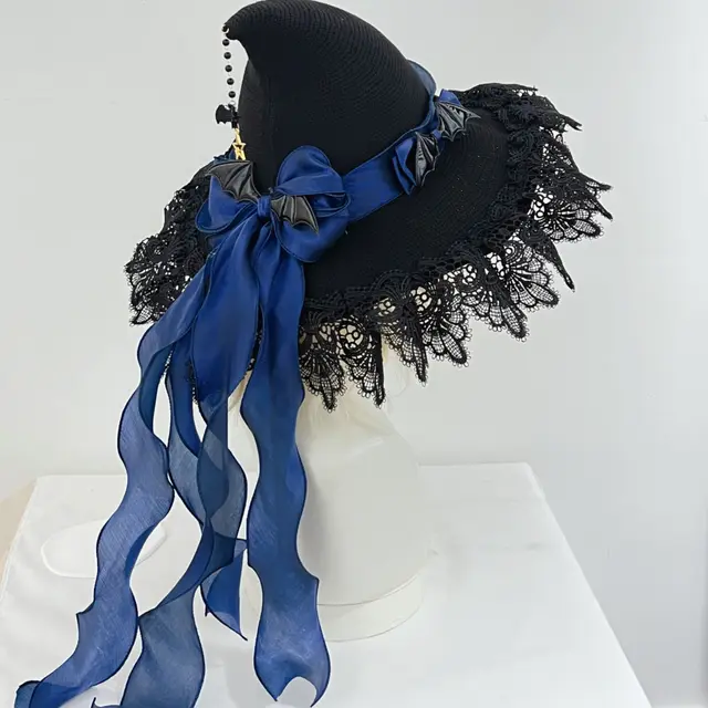 Handmade Dark Devil Gothic Lolita Lace Witch Hat Dark Blue - Shop at LoveMi