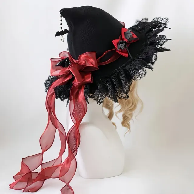 Handmade Dark Devil Gothic Lolita Lace Witch Hat Wine Red - Shop at LoveMi