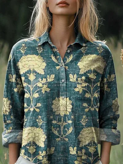 New Casual Printed Floral Button Polo Collar Top Shirt For Women Dark Green - Shop at LoveMi