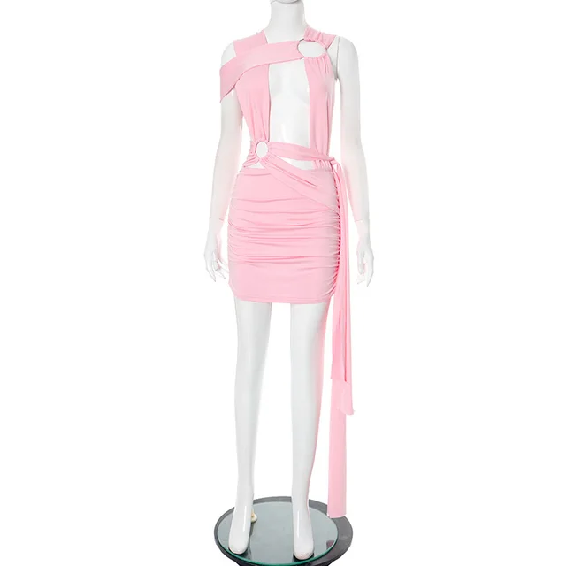 Hollow Cross Strap Ribbon Hip Skirt Dress Pink - Shop at LoveMi