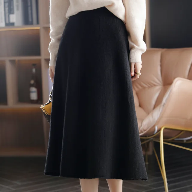 Wool Knitted Stretch Mid length Cashmere Pleated Skirt Black - Shop at LoveMi