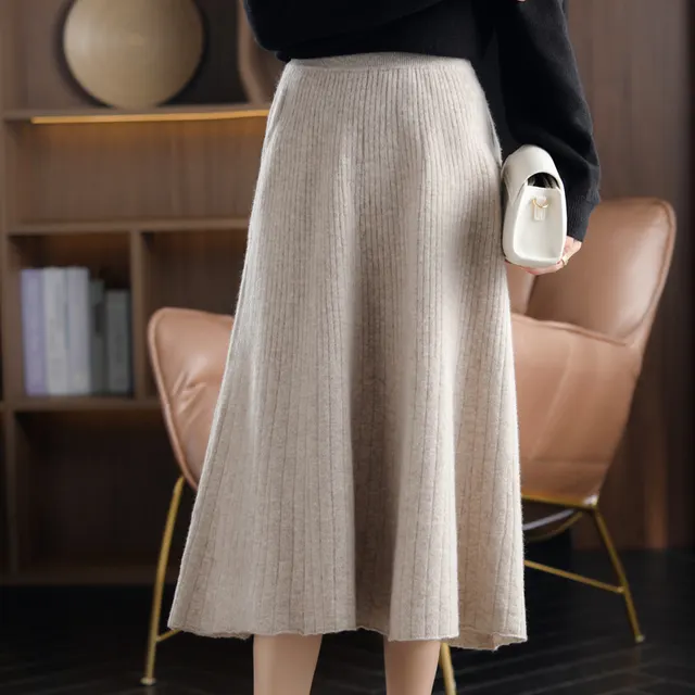 Wool Knitted Stretch Mid length Cashmere Pleated Skirt Camel - Shop at LoveMi