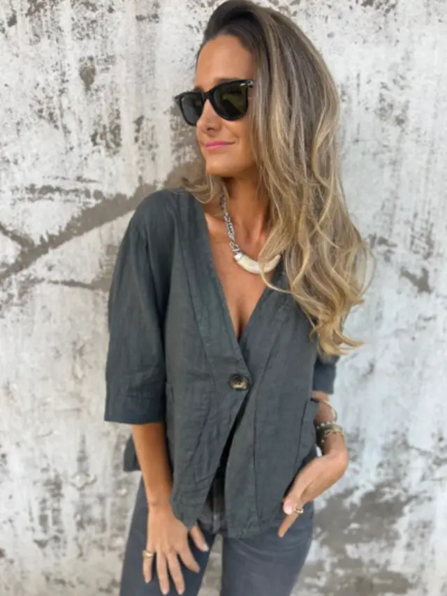 Casual Women's V neck Cotton And Linen Solid Color ShirtT shirt Dark Gray - Shop at LoveMi