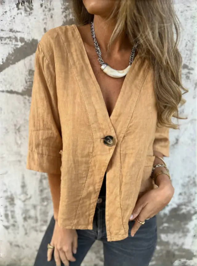 Casual Women's V neck Cotton And Linen Solid Color ShirtT shirt Orange - Shop at LoveMi