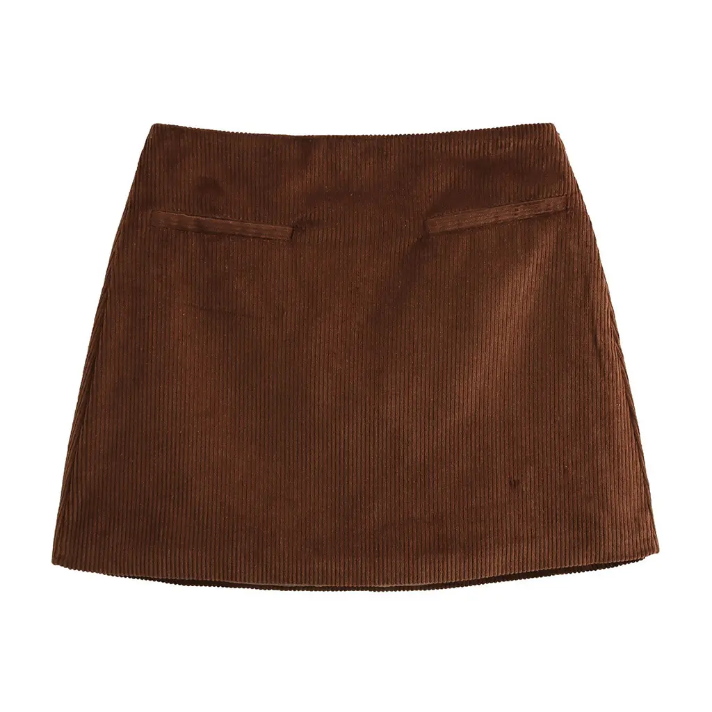 New Solid Color Corduroy Mini A- Line Skirt - Coffee