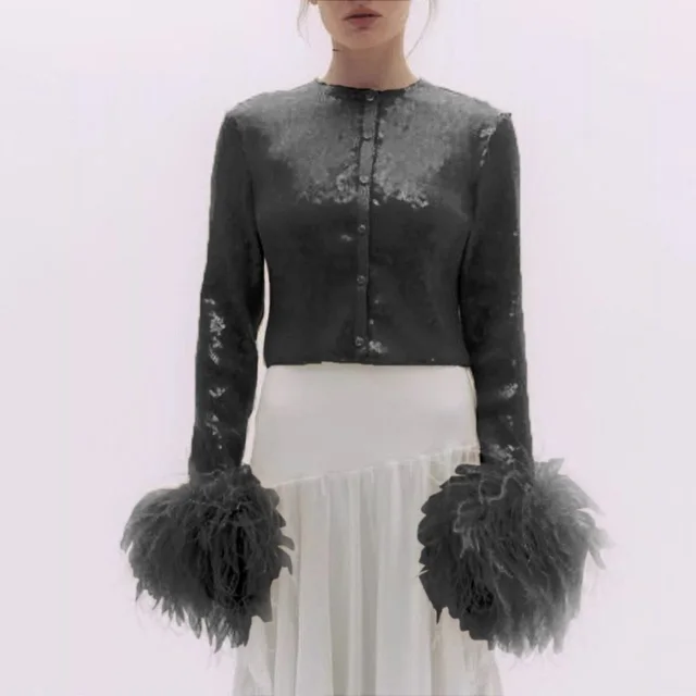 New Long Sleeve Slim Fit Fashion Sexy Band Feather Coat Black - Shop at LoveMi
