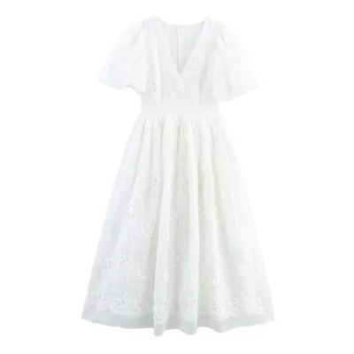 V neck Fashion Lace Puff Sleeve Waist controlled White Lace Dress White - Shop at LoveMi