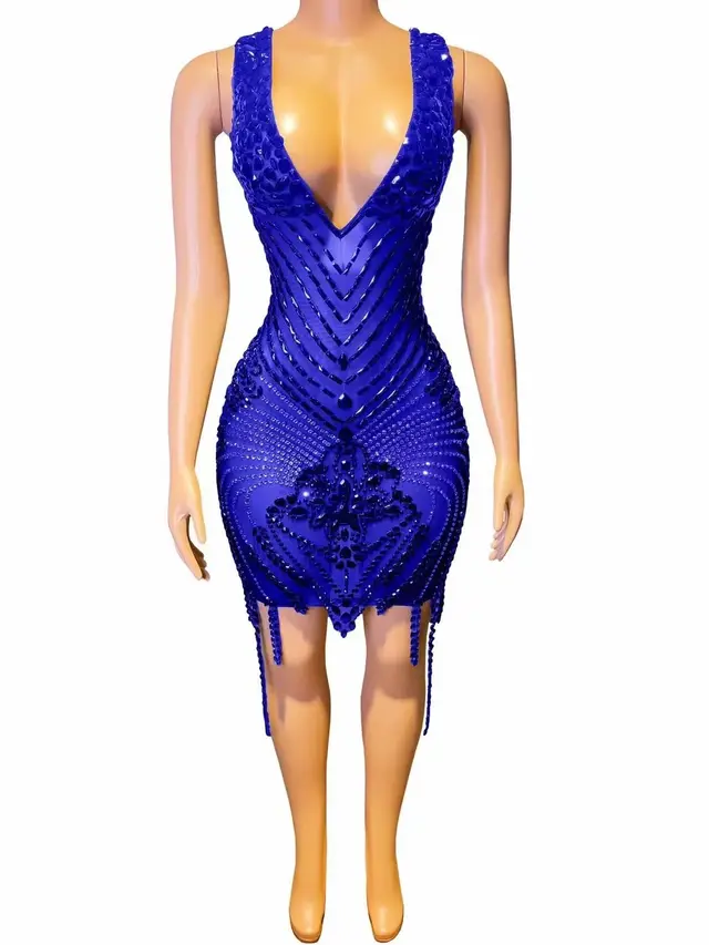 Rhinestone Sexy V neck Tight Dress Party Dress Skirt Blue - Shop at LoveMi