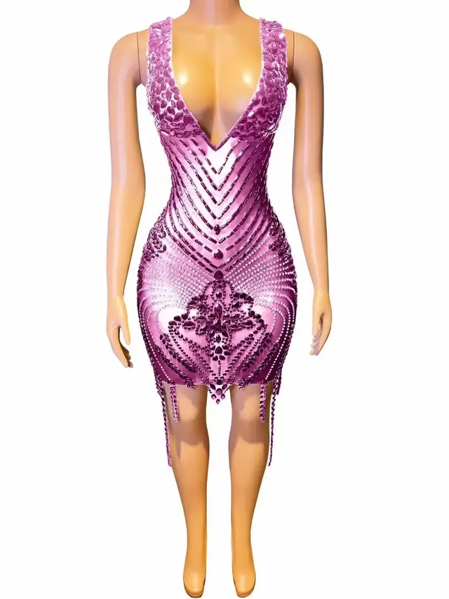 Rhinestone Sexy V neck Tight Dress Party Dress Skirt Pink - Shop at LoveMi
