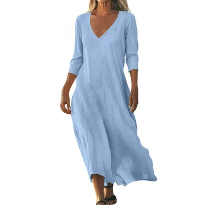 Cotton Linen V neck Short Sleeve Loose Dress Women's Clothing Sky Blue - Shop at LoveMi
