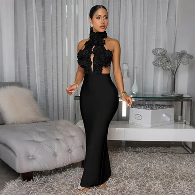 Dress Sexy Halter Large Flower Evening Dress Dress Women Black - Shop at LoveMi
