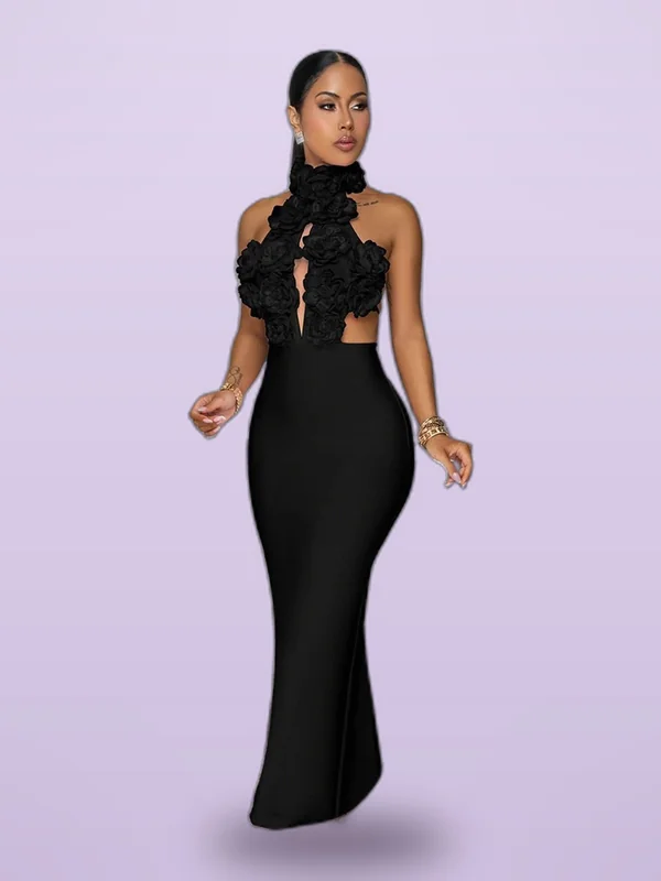 Dress Sexy Halter Large Flower Evening Dress Dress Women Black - Shop at LoveMi