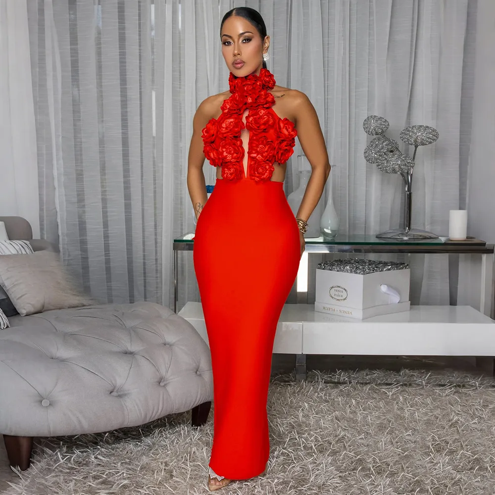 Dress Sexy Halter Large Flower Evening Dress Dress Women - Red