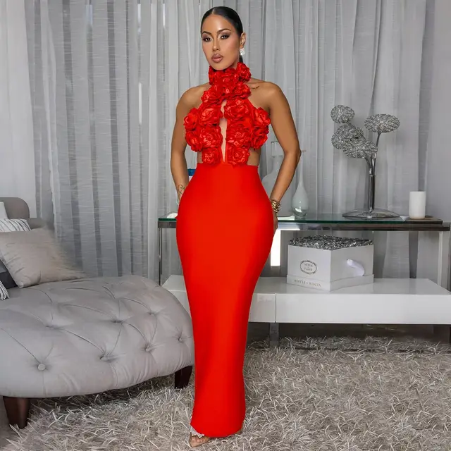 Dress Sexy Halter Large Flower Evening Dress Dress Women - Red
