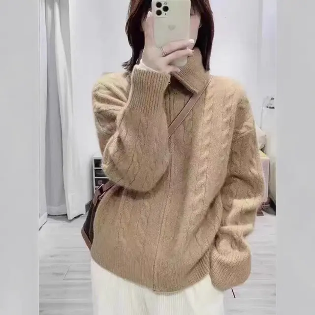 High grade Lapel Double Zipper Twist Solid Color Sweater Camel - Shop at LoveMi