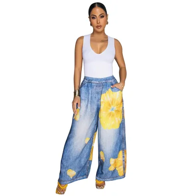 Fashion Loose Casual Printed Women's Wide leg Pants Yellow - Shop at LoveMi