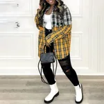 Women's Casual Plaid Pocket Button Stitching Long Sleeve Plus Size Shirt - Picture Color-1Xl