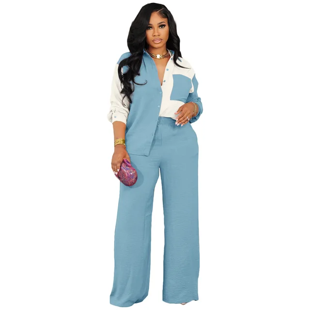 New Color Contrast Patchwork Pocket Casual Shirt Suit Two piece Set Sky Blue - Shop at LoveMi