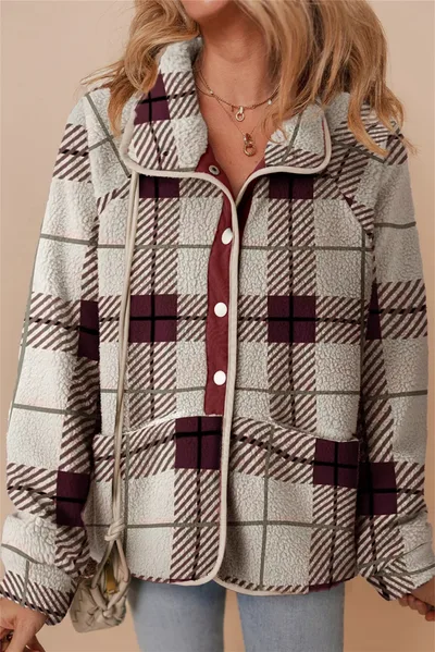 Multicolour Plaid Print Buttoned Stand Collar Fleece Jacket Multicolour - Shop at LoveMi