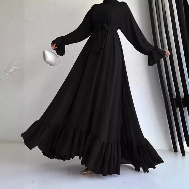 Chiffon Long Belt Fashionable Elegant Women's Dress Black - Shop at LoveMi