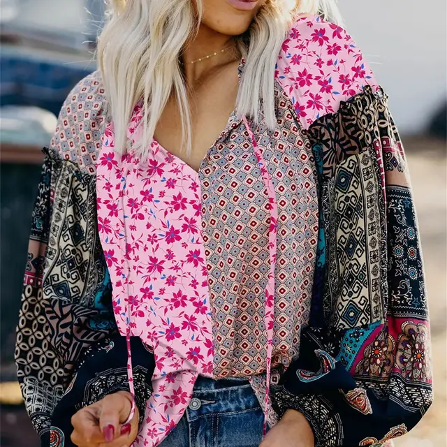 Boho Mixed Floral Drop Shoulder Bubble Sleeve Blouse Pink - Shop at LoveMi