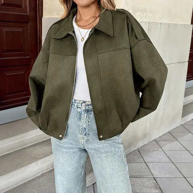 Baggy Casual Jacket Women's Top Zipper Army Green - Shop at LoveMi