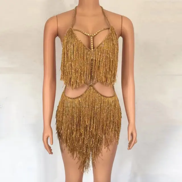 Costume Dance Tassel Halter Cut out Jumpsuit Gold - Shop at LoveMi