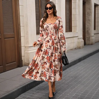 Retro French Romantic Elegant Printed Dress Women Apricot Beige - Shop at LoveMi