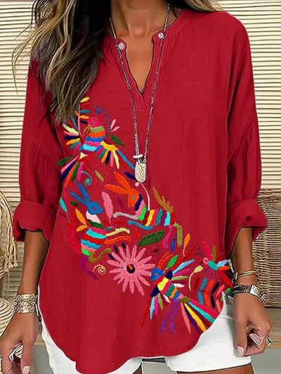 Women's Red Floral Pattern Print Cotton & Linen Shirt Red - Shop at LoveMi