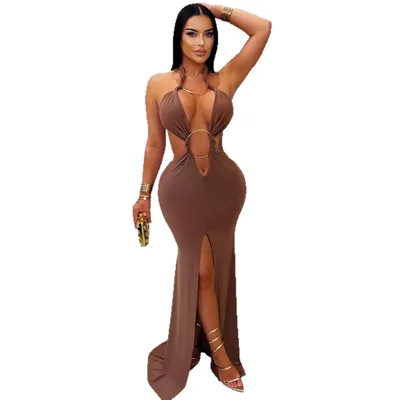 Halter Cut Out Fishtail Slit Dress Brown - Shop at LoveMi