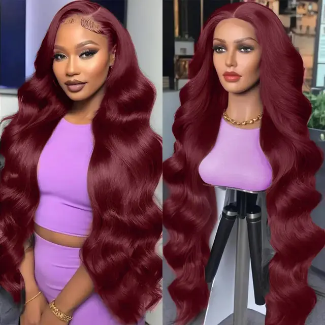 Lace Big Wave Long Curly Wig Head Cover Wine Red - Shop at LoveMi