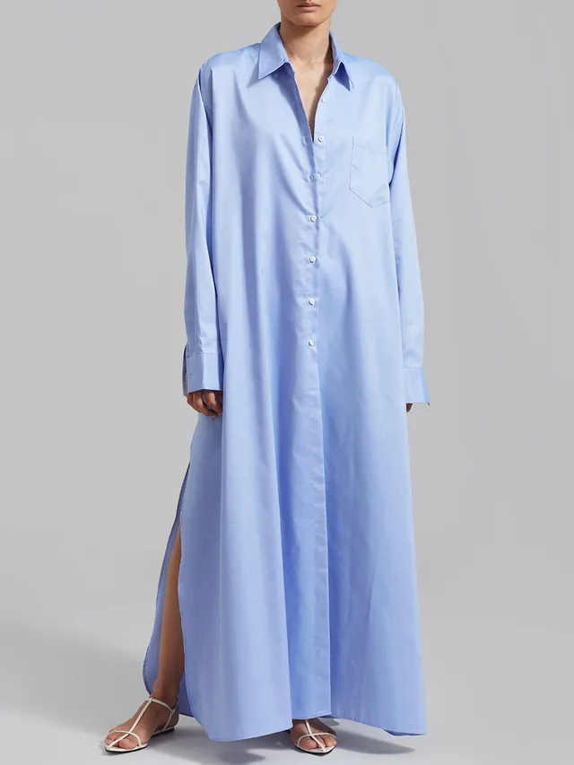 Spring And Summer Lapel Split Dress Women Blue - Shop at LoveMi