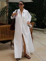 Spring And Summer Lapel Split Dress Women - White