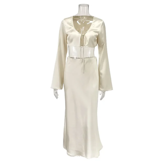 Long Sleeve Short Lace Up Top Mid length Dress Set Champagne - Shop at LoveMi