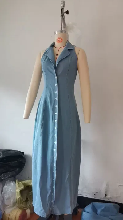 New Denim Sleeveless Lapel Deep V neck Slim fit Dress Light Blue - Shop at LoveMi