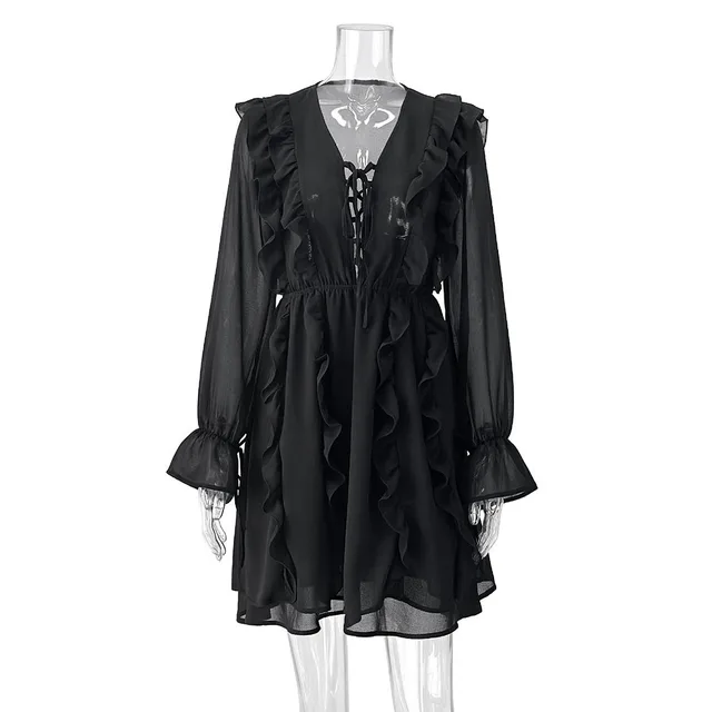 Elegant Chiffon V neck Flounce Design Dress Black - Shop at LoveMi