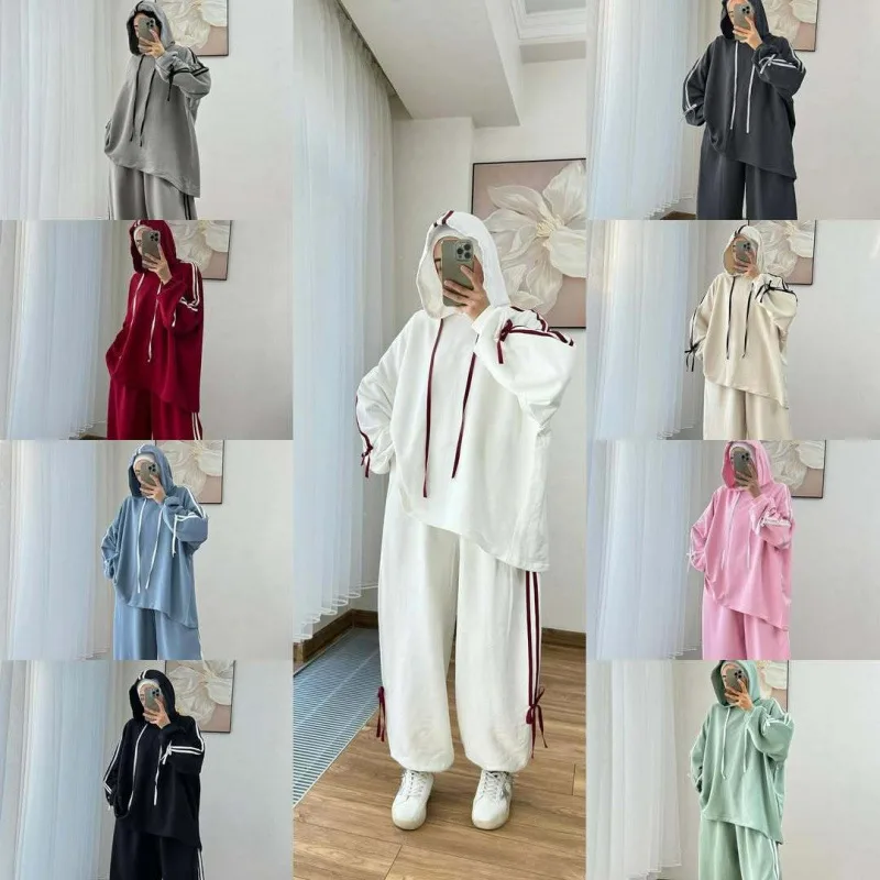 Middle East Long-sleeved Hooded Wide-leg Pants Temperament Commute Fashion Suit - White - View 1