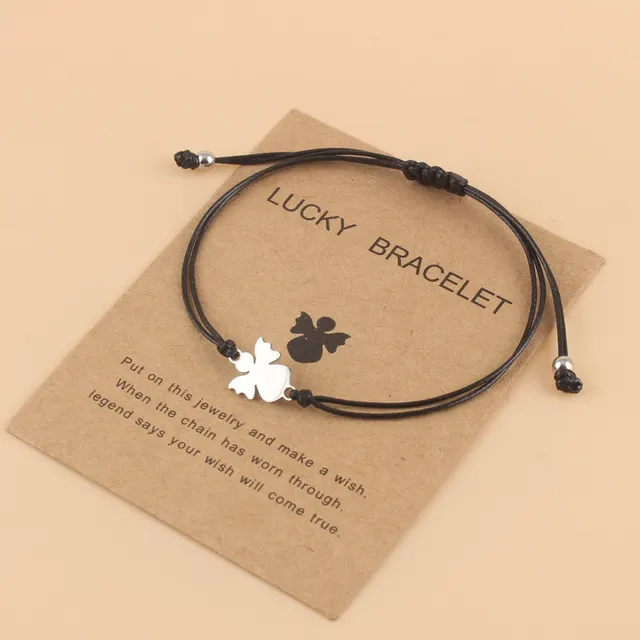 Couple Woven Adjustable Wax Line Stainless Steel Angel Bracelet Black - Shop at LoveMi