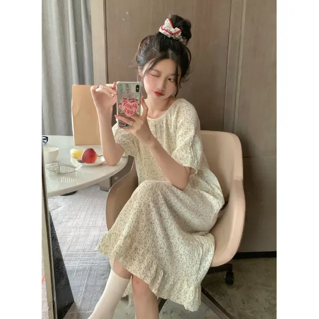 Summer Simple Leisure Short Sleeve Mid length Dress Dq016 Floral Nightdress - Shop at LoveMi