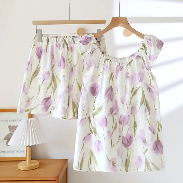 Women's Pajama Suit Simple Comfort Printing Homewear Purple Tulip - Shop at LoveMi
