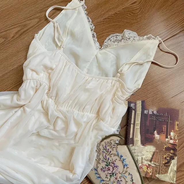 French Style Vintage Court Style Nightdress Two piece Set Morning Gowns Super Fairy Sling - Shop at LoveMi