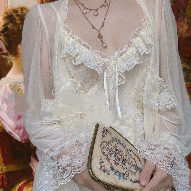 French Style Vintage Court Style Nightdress Two piece Set Morning Gowns Super Fairy Suit - Shop at LoveMi