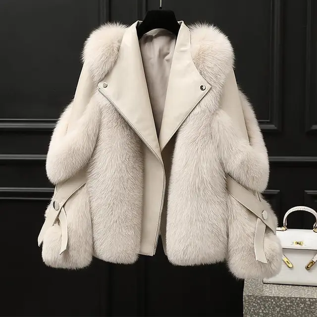 One piece Fur Motorcycle Coat Long Wool Coat Beige - Shop at LoveMi