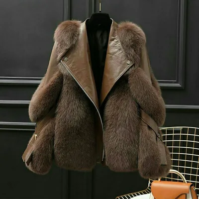 One piece Fur Motorcycle Coat Long Wool Coat Chocolate - Shop at LoveMi