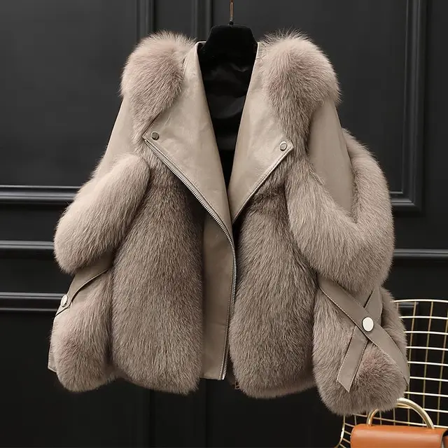One-piece Fur Motorcycle Coat Long Wool Coat - Cocoa Color - View 1