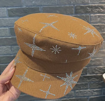 Denim Rhinestone XINGX Flat top Cap Women's Spring Face Little Wild Khaki - Shop at LoveMi